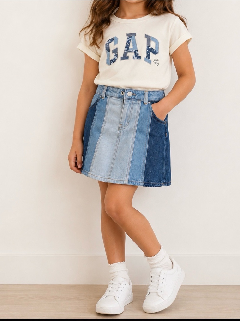 GAP White Tee with Blue Patchwork Denim Skirt Set